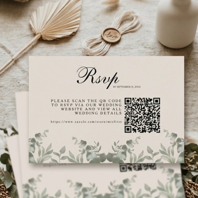 Boho Eucalyptus Leaves with QR code Wedding  RSVP Card (Creator Uploaded)