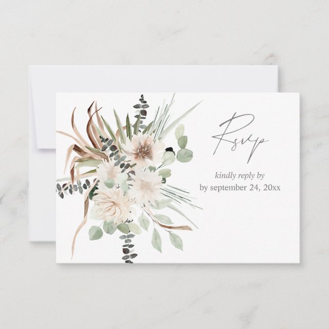 Boho Eucalyptus Palm Leaf & Beige Floral with Meal RSVP Card (Front)