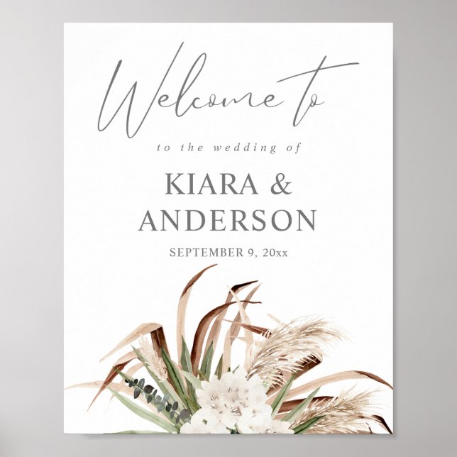 Boho Eucalyptus Pampas Beige Floral Welcome Sign (Front)