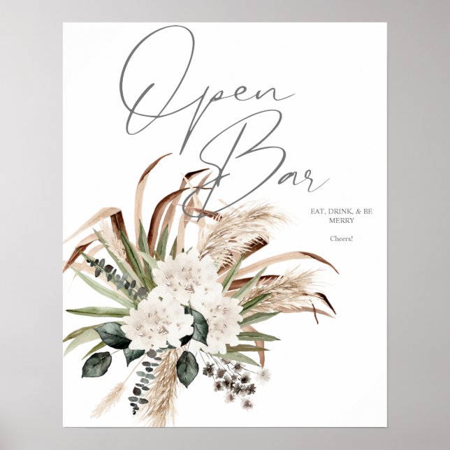 Boho Eucalyptus Pampas & Floral Open Bar Sign 2 (Front)