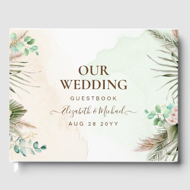 BOHO Eucalyptus Pampas Grass Greenery Wedding Guest Book (Front)