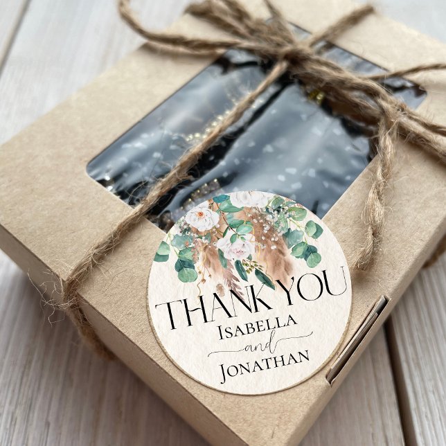 Boho Eucalyptus Pampas Wedding Thank You Favour  Classic Round Sticker (Creator Uploaded)