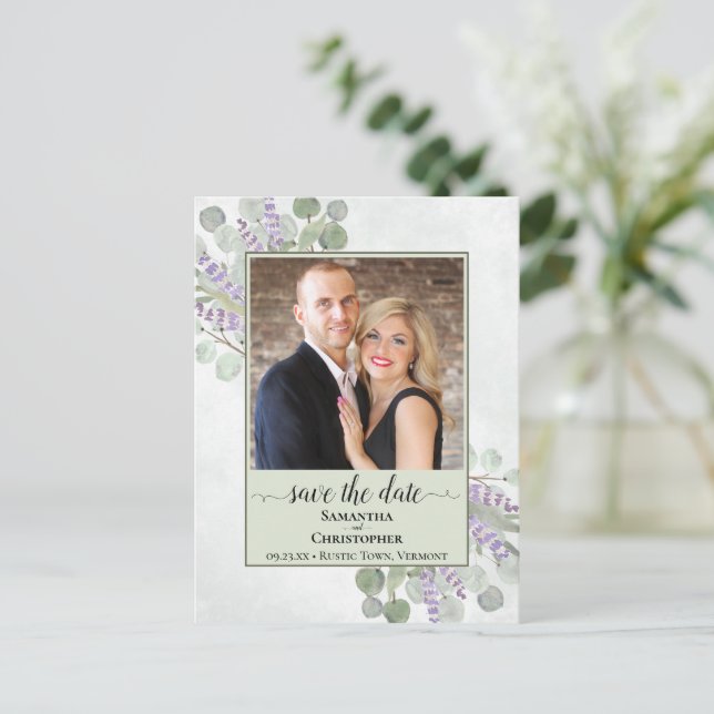 Boho Eucalyptus Sage Wedding Save the Date Photo Announcement Postcard (Standing Front)