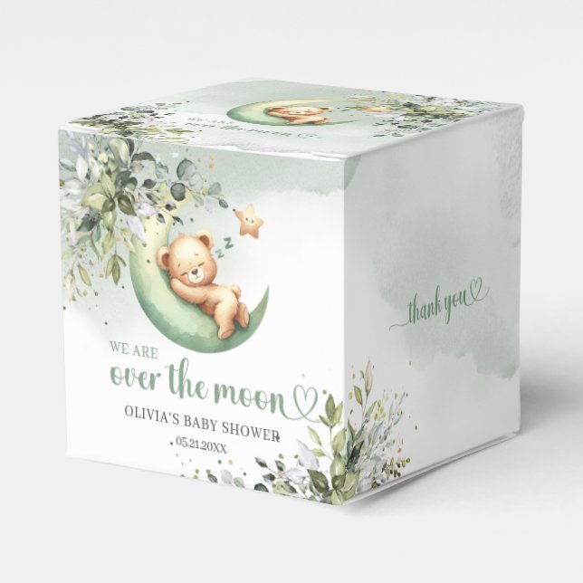 Boho eucalyptus teddy bear over the moon greenery favor box (Front Side)