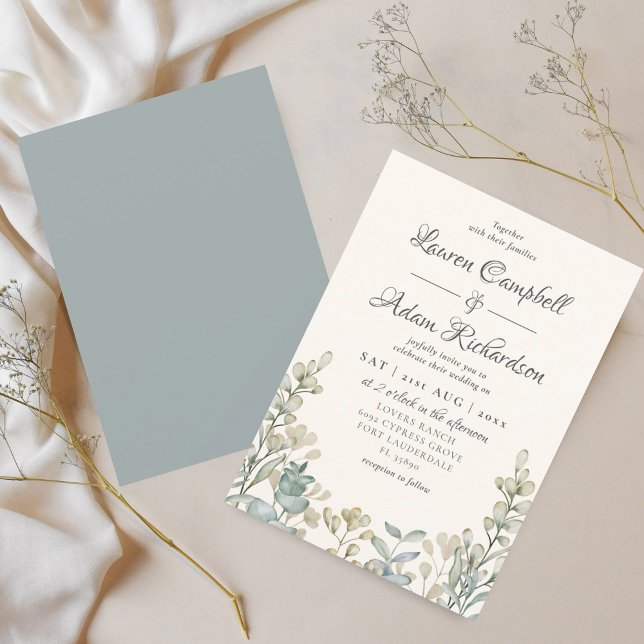 Boho Eucalyptus Watercolor Blue & Beige Wedding Invitation (Creator Uploaded)