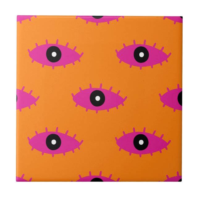 BOHO Evil Eye Pattern Burnt Orange& Pink Retro Tile (Front)