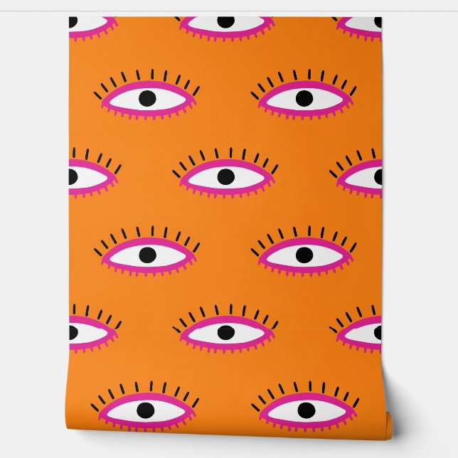 BOHO Evil Eye Pattern Burnt Orange Retro Funky Wallpaper (Unrolling)