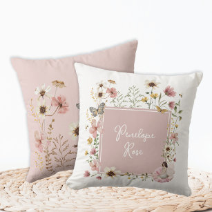 Boho Fairy Blush Wildflower Girl Nursery Monogram Throw Pillow