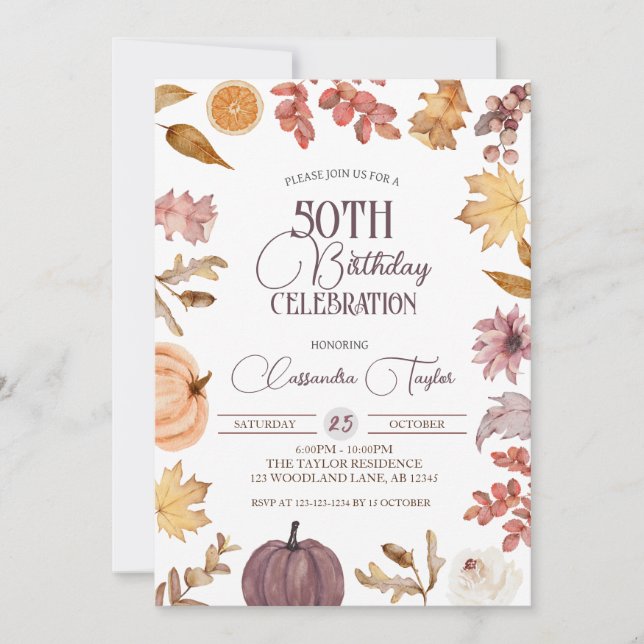 Boho Fall 50th Birthday, Autumn Foliage Birthday Invitation (Front)