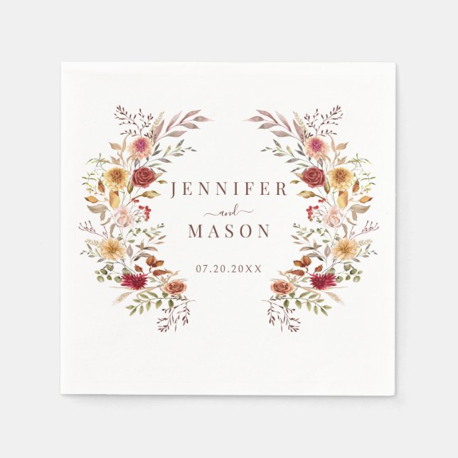 Boho Fall Autumn Dried Flowers Wreath Wedding Napkin (Front)