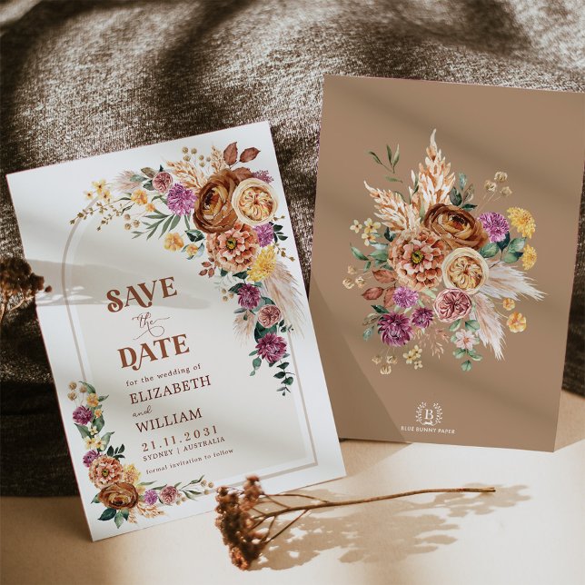 Boho Fall Burnt Orange Purple Floral Save the Date (Creator Uploaded)