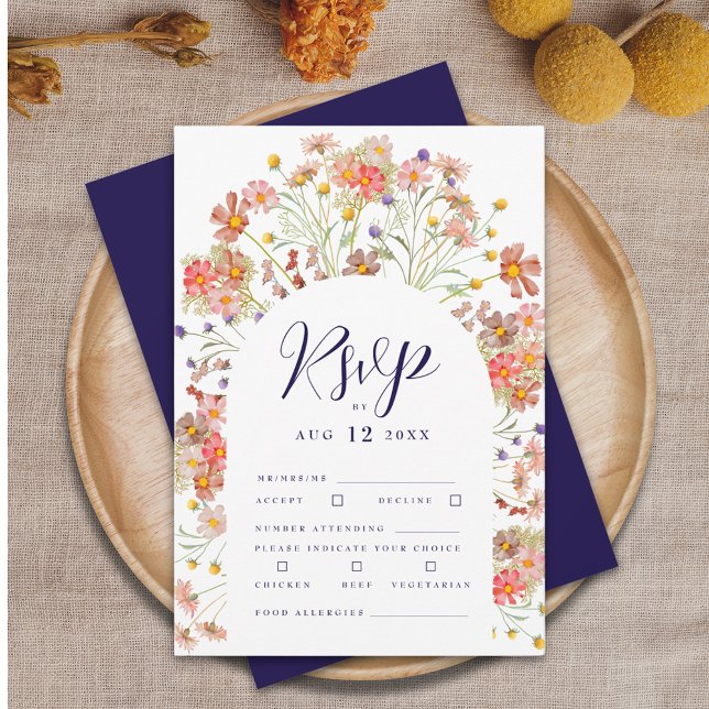Boho Fall Floral Arch Navy Blue & White Wedding RSVP Card (Boho fall rustic wildflower floral arch elegant script navy blue and white wedding rsvp card)