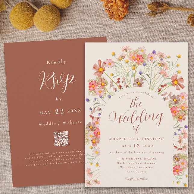 Boho Fall Floral Arch Terracotta Beige Wedding Invitation (Boho fall rustic wildflowers floral arch terracotta burnt orange beige wedding qr code invitation)