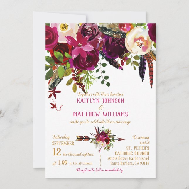 Boho Fall Floral Arrow Bouquet Wedding Invitation (Front)