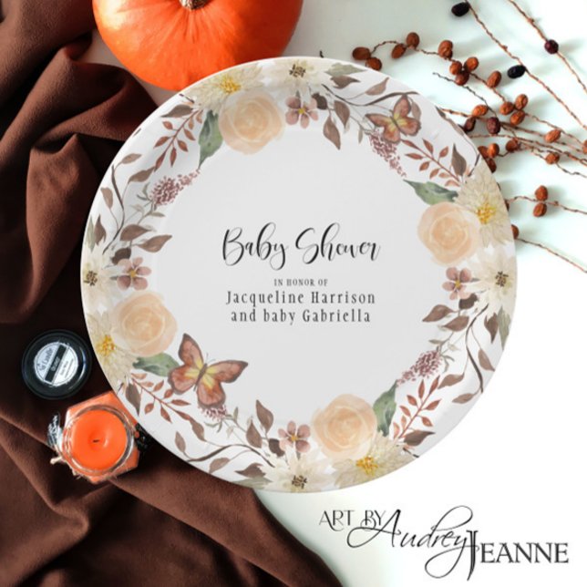 BOHO Fall Floral Autumn Butterfly Baby Shower Paper Plate (Creator Uploaded)