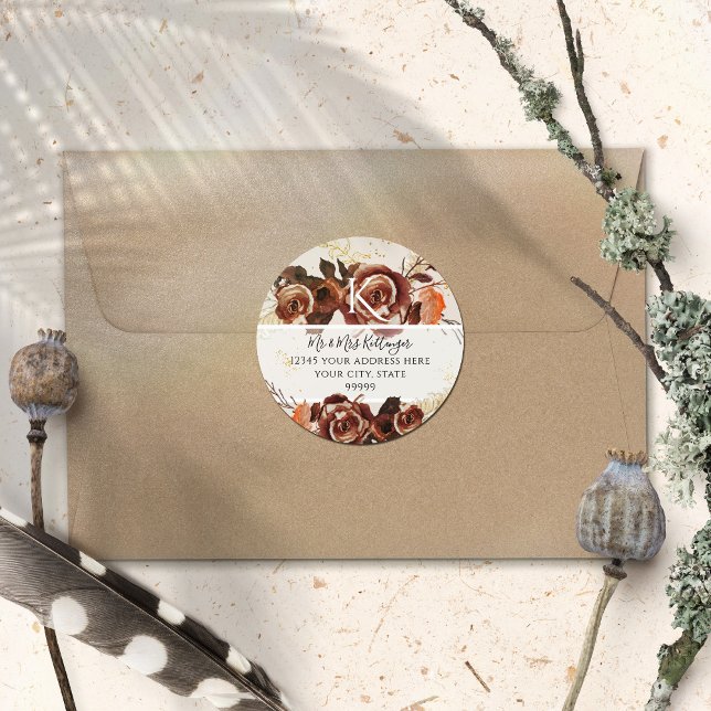 BOHO Fall Floral Autumn Leaves Monogram Address Classic Round Sticker (Creator Uploaded)