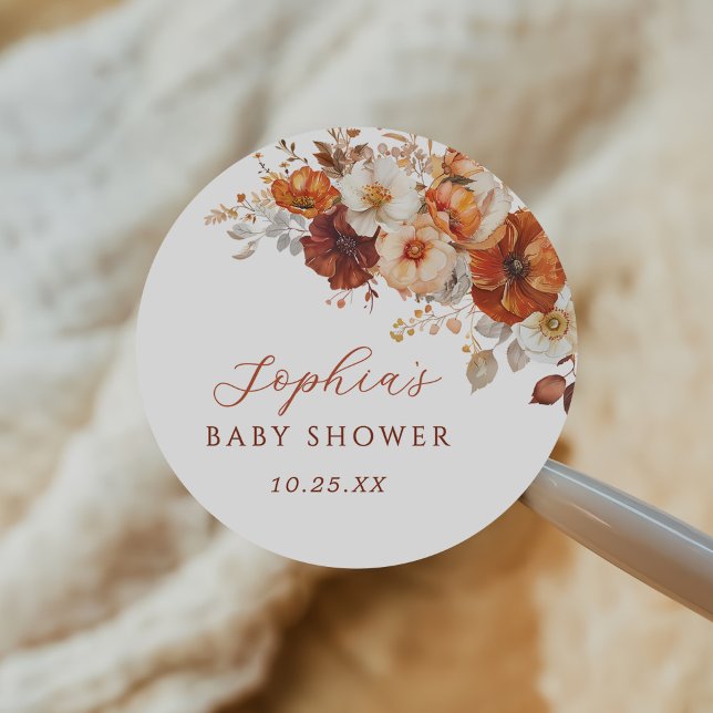 Boho Fall Floral Baby Shower  Classic Round Sticker (Creator Uploaded)