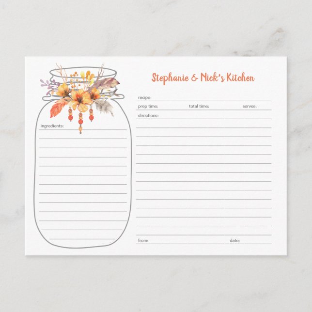 Boho Fall Floral Beads Mason Jar Recipe Cards (Front)