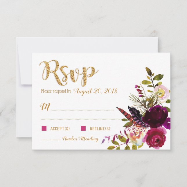 Boho Fall Floral Bouquet Gold RSVP Card (Front)