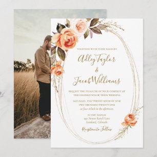 Boho Fall Floral Burnt Orange Photo Wedding Invitation