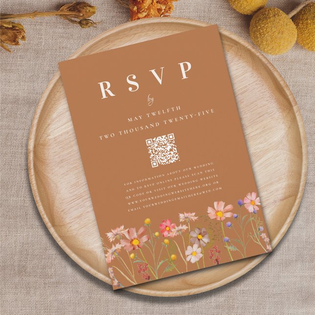 Boho Fall Floral Carmel Brown Meal Options Wedding RSVP Card (Terracotta burnt orange boho fall rustic floral wedding rsvp card with website QR code autumnal)