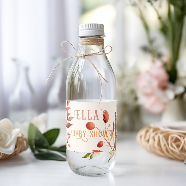 Boho fall floral leaves baby shower  water bottle label (Creator Uploaded)