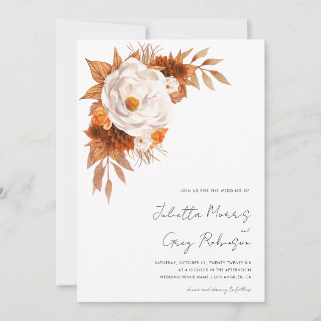 Boho Fall Floral Modern Script QR Code Wedding Invitation (Front)