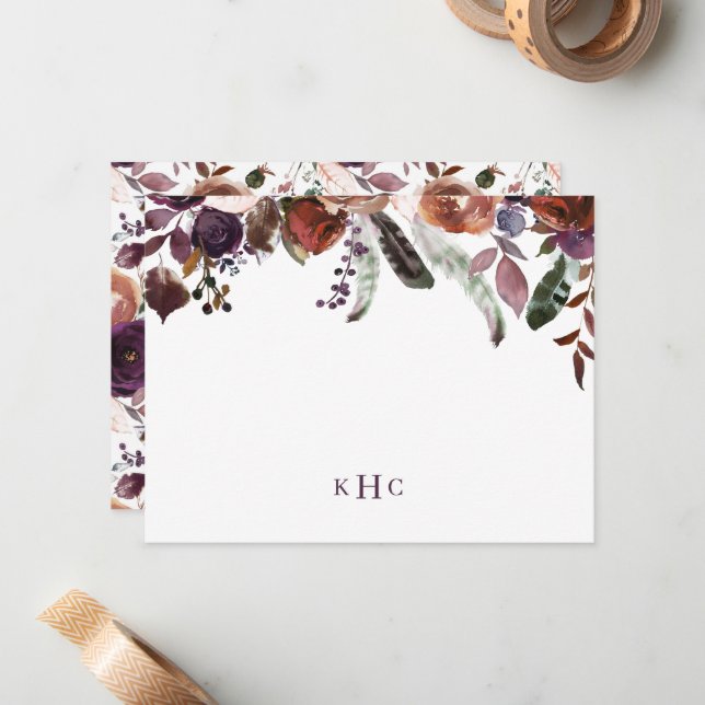 Boho Fall Floral Monogrammed Stationery Note Card (Front/Back In Situ)