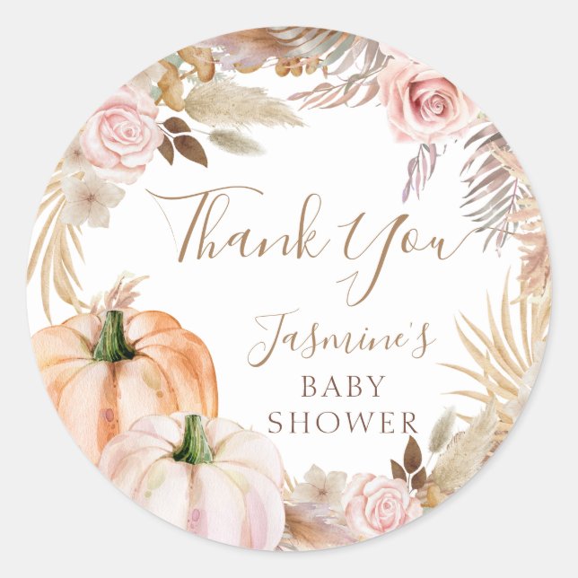 Boho Fall Floral Pumpkin Baby Shower Classic  Round Sticker (Front)