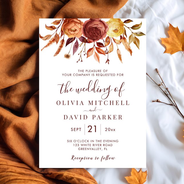 Boho Fall Floral Rustic Flowers Foliage Wedding Invitation (Creator Uploaded)