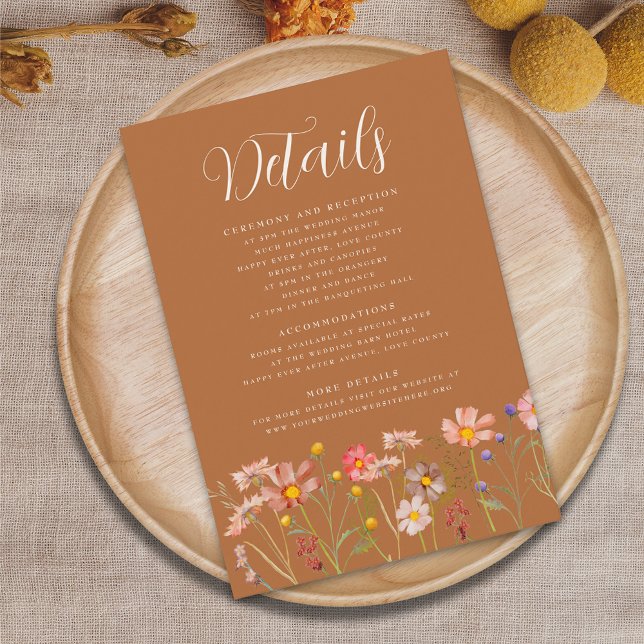 Boho Fall Floral Terracotta Wedding Details Enclosure Card (Terracotta boho fall floral wedding details card watercolor wildflowers elegant modern script)
