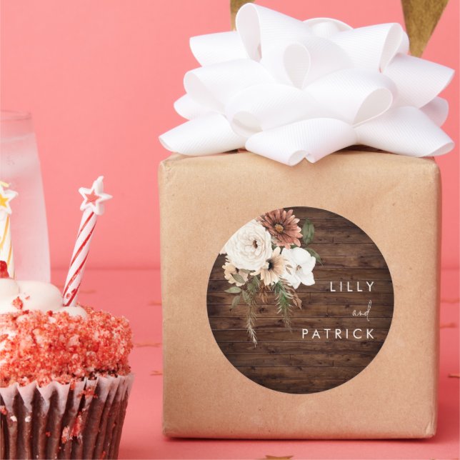 Boho Fall Floral Terracotta Wedding Rustic Wood Classic Round Sticker (Party)