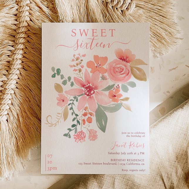 Boho fall floral watercolor chic Sweet 16 Invitation (Creator Uploaded)