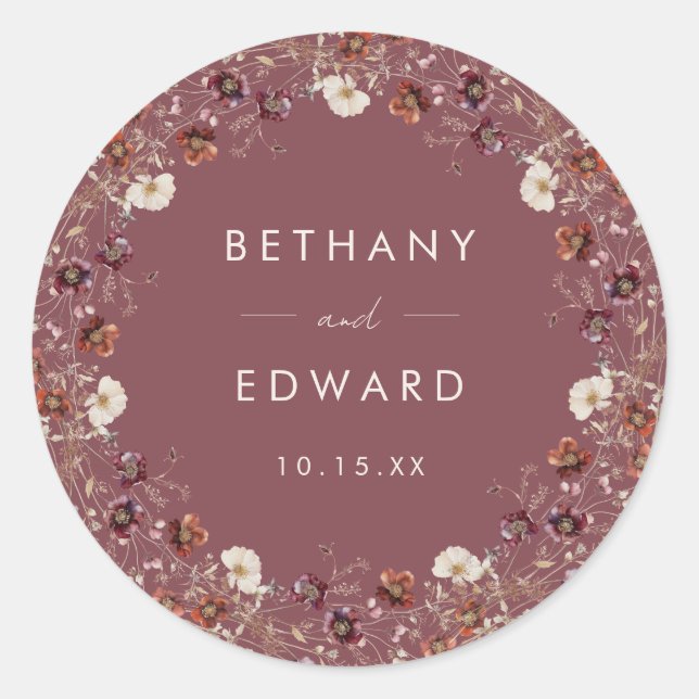 Boho Fall Floral Wedding Classic Round Sticker (Front)