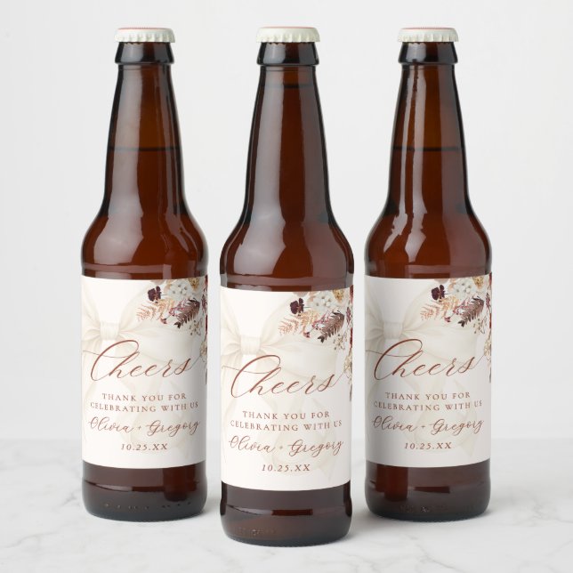 Boho Fall Floral White Bow Wedding Beer Bottle Label (Bottles)