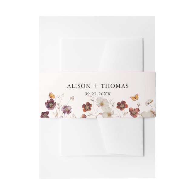 Boho Fall Florals Butterfly Wedding Invitation Belly Band (Front Example)
