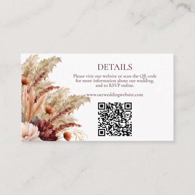Boho Fall Florals Pampas Grass Wedding Details QR  Enclosure Card (Front)