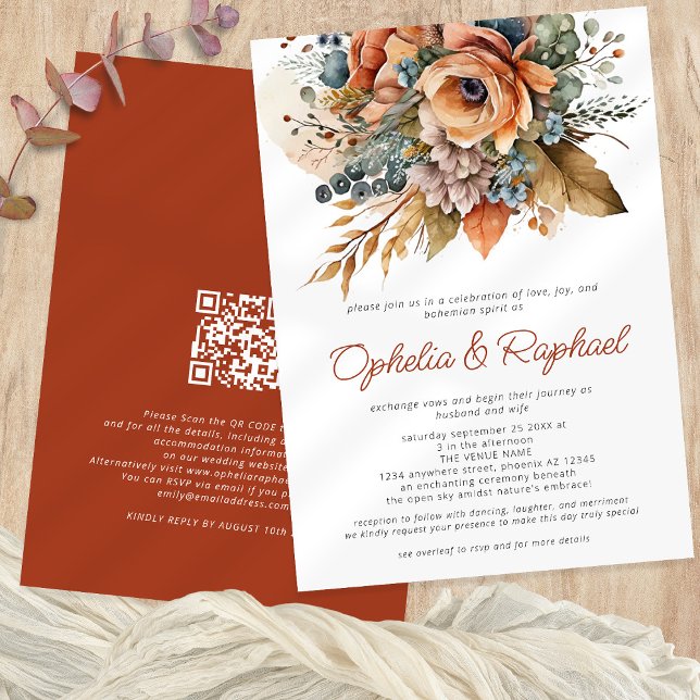 Boho Fall Florals Terracotta Bohemian Wedding Invitation (Front and back)