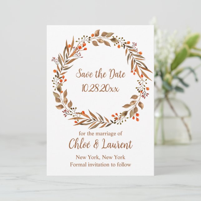 Boho Fall Flower Wreath Wedding Save The Date (Standing Front)