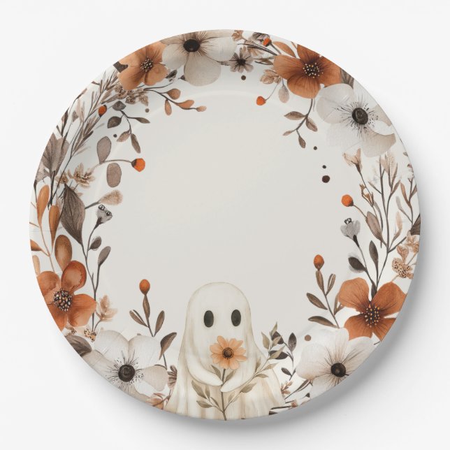 Boho Fall Ghost Floral Oh Boy Baby Shower  Paper Plate (Front)