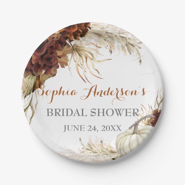 Boho Fall In Love Flora Burnt Orange Bridal Shower Paper Plate (Front)