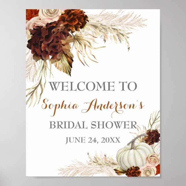 Boho Fall In Love Flora Burnt Orange Bridal Shower Poster (Front)