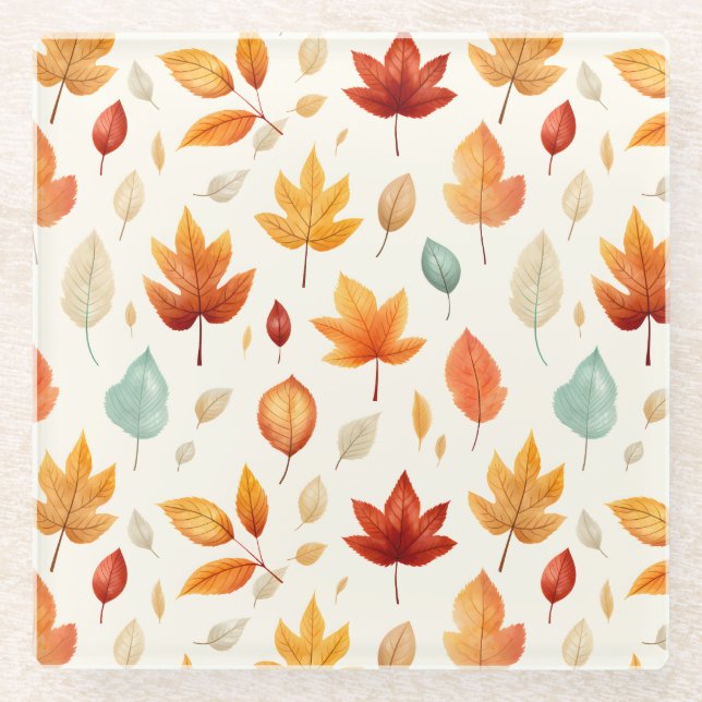 Boho Fall Leave Pattern Autumn's Beauty with Style Glass Coaster (Front)