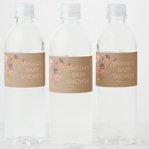 Boho Fall Mauve Pink Gold Leaves Water Bottle Label