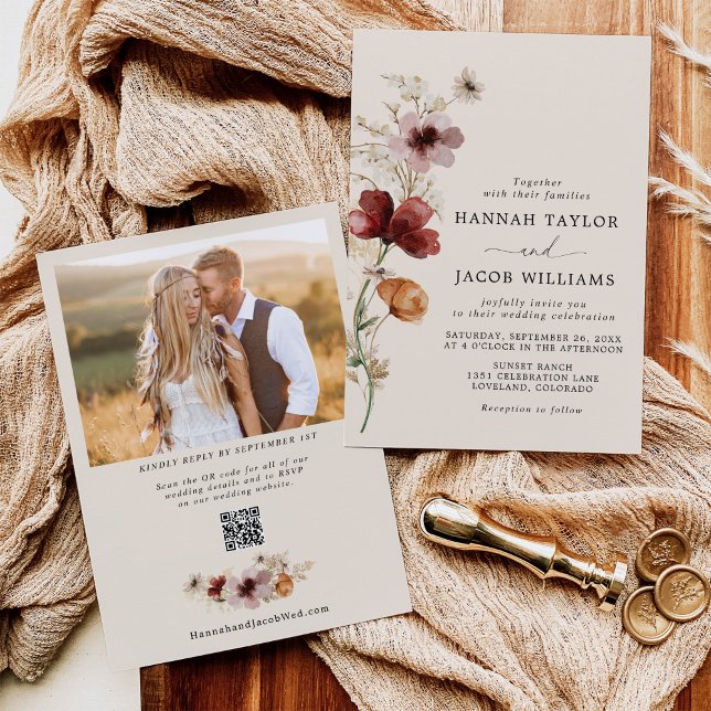 Boho Fall QR Code Photo Wildflower Wedding Invitation (Creator Uploaded)