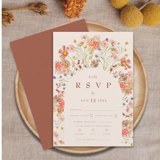 Boho Fall Rustic Floral Arch Wedding Meal Options RSVP Card (Boho fall rustic wildflower floral arch terracotta burnt orange and beige wedding rsvp card)