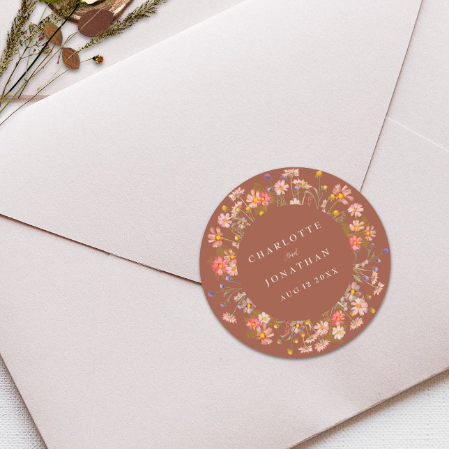 Boho Fall Rustic Floral Personalized Wedding Classic Round Sticker (Boho fall wildflower floral burnt orange terracotta custom wedding stickers )