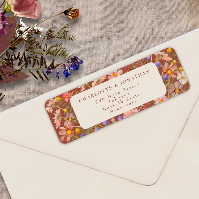 Boho Fall Rustic Wildflower Floral Wedding (Boho fall rustic wildflower floral burnt Orange terracotta beige wedding return address label )