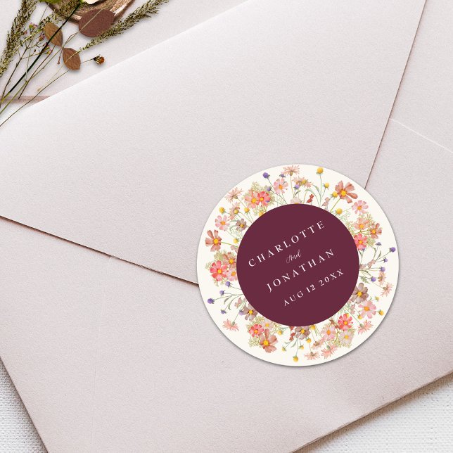 Boho Fall Rustic Wildflower Floral Wedding Classic Round Sticker (Boho rustic wildflower floral fall wedding custom sticker burgundy burnt orange terracotta )