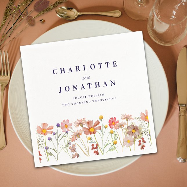 Boho Fall Rustic Wildflower Floral Wedding Napkin (Boho fall wildflower meadow  floral navy blue and white wedding custom napkin Modern elegant )